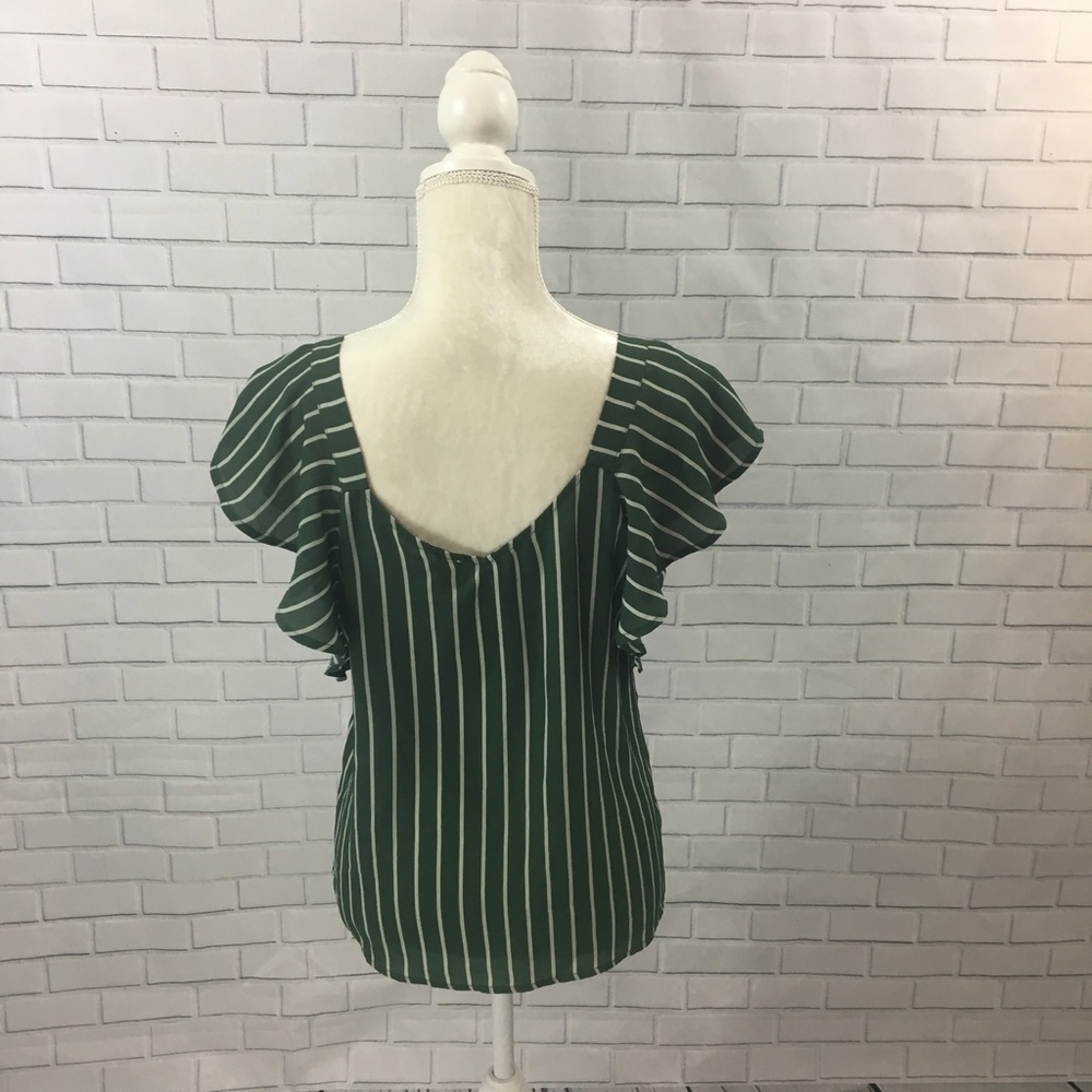 NWOT Green Striped Flutter Sleeve Tie Front Top - Picture 5 of 7